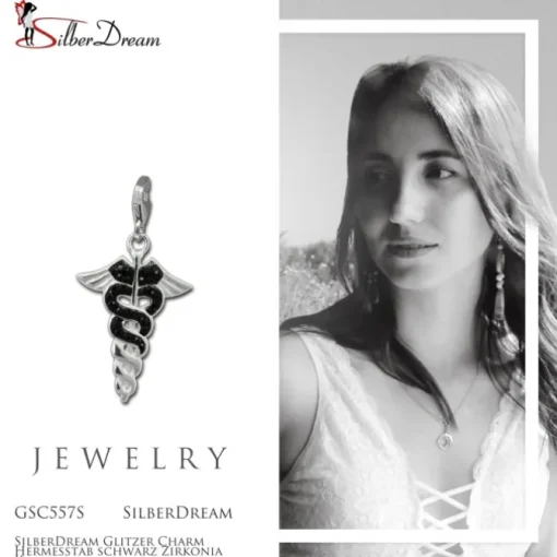 SilberDream Glitzer Charm Hermesstab schwarz Zirkonia Kristalle GSC557S