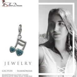 SilberDream Glitzer Charm Doppelnote Herz blau Zirkonia Kristalle GSC553H
