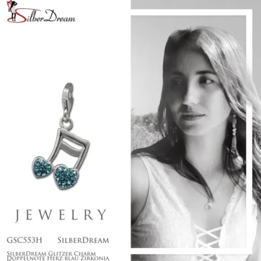 SilberDream Glitzer Charm Doppelnote Herz blau Zirkonia Kristalle GSC553H