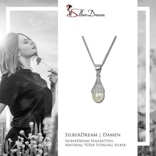 SilberDream Halskette Süßwasser Perle weiß Zirkonias 925 Silber Damen SDK1528W