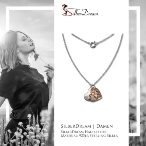 SilberDream Kette Doppel Herz rose vergoldet 925 Sterling Silber 45cm SDK8007E