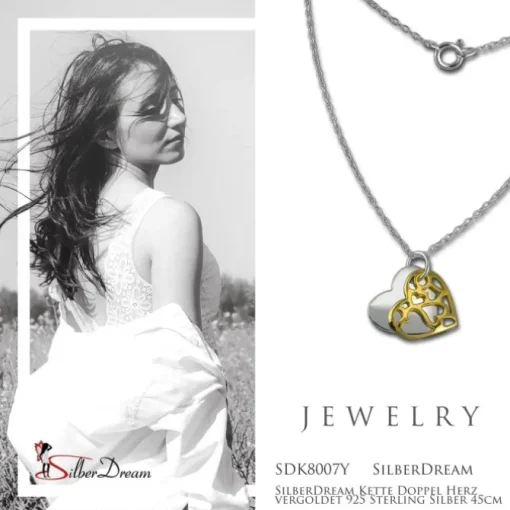 SilberDream Kette Doppel Herz vergoldet 925 Sterling Silber 45cm SDK8007Y