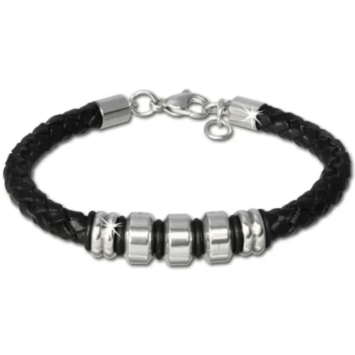SilberDream Lederarmband Edelstahl Beads schwarz Leder Armband LAP006S