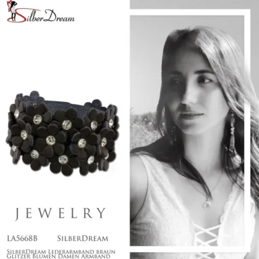 SilberDream Lederarmband braun Glitzer Blumen Damen Armband LA5668B