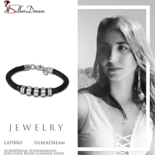 SilberDream Lederarmband Edelstahl Beads schwarz Leder Armband LAP006S