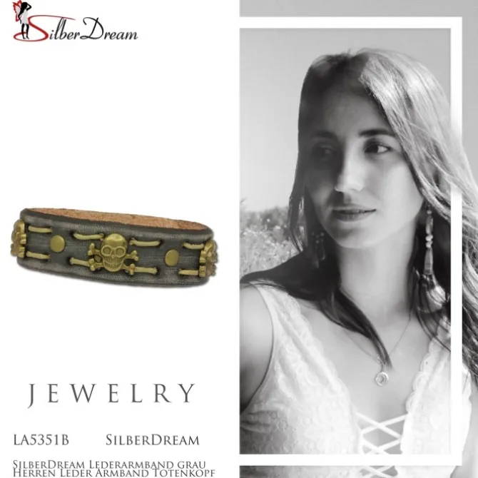 SilberDream Lederarmband grau Herren Leder Armband Totenkopf LA5351B
