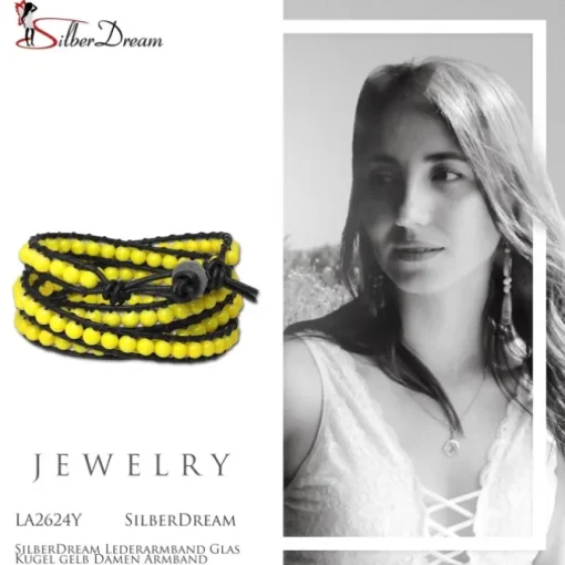 SilberDream Lederarmband Glas Kugel gelb Damen Armband LA2624Y
