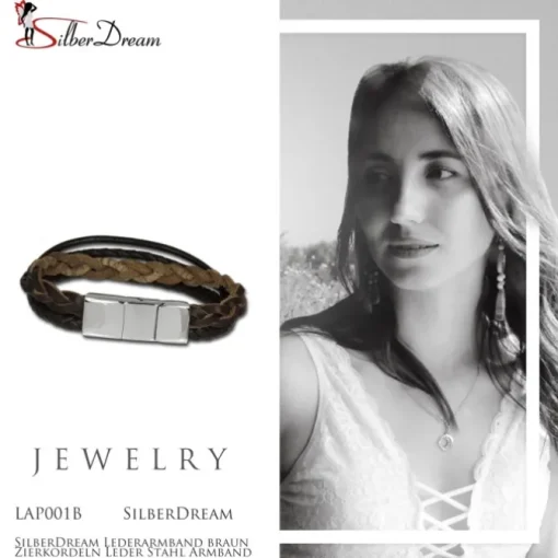 SilberDream Lederarmband braun Zierkordeln Leder Stahl Armband LAP001B