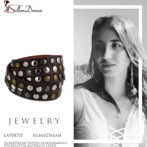 SilberDream Nieten-Lederarmband Wickeloptik rotbraun Leder Armband LAP087D