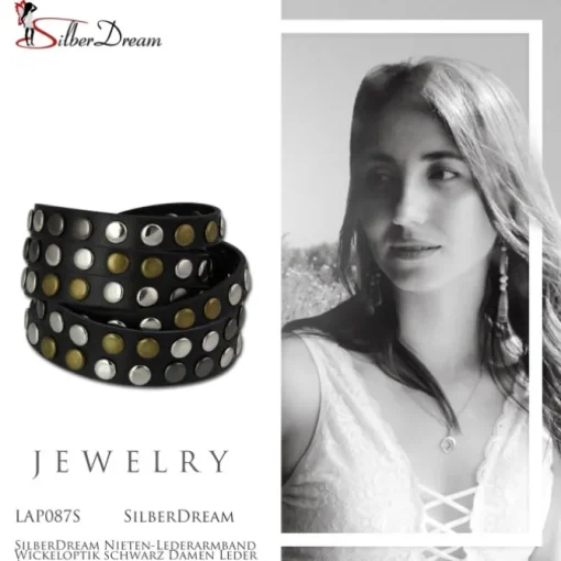 SilberDream Nieten-Lederarmband Wickeloptik schwarz Damen Leder Armband LAP087S