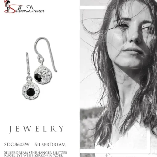 SilberDream Ohrhänger Glitzer Kugel Eye weiß Zirkonia 925er SDO8603W