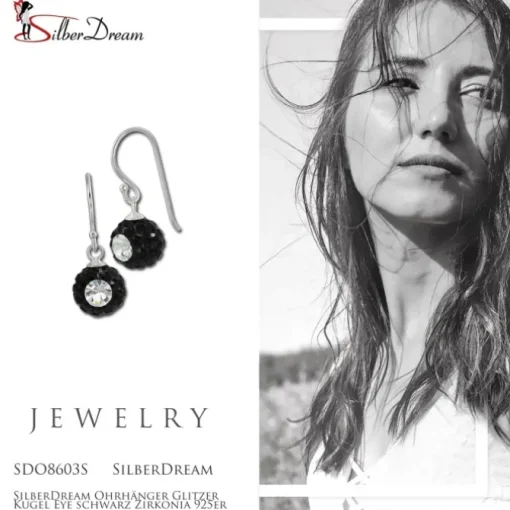 SilberDream Ohrhänger Glitzer Kugel Eye schwarz Zirkonia 925er SDO8603S