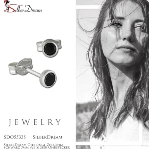 SilberDream Ohrringe Zirkonia schwarz 3mm 925 Silber Ohrstecker SDO5533S