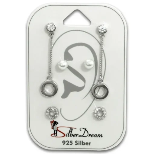 SilberDream Ohrstecker 3er Set Dangle, Perle, Kreis 925 Silber Ohrring SDS618WJ