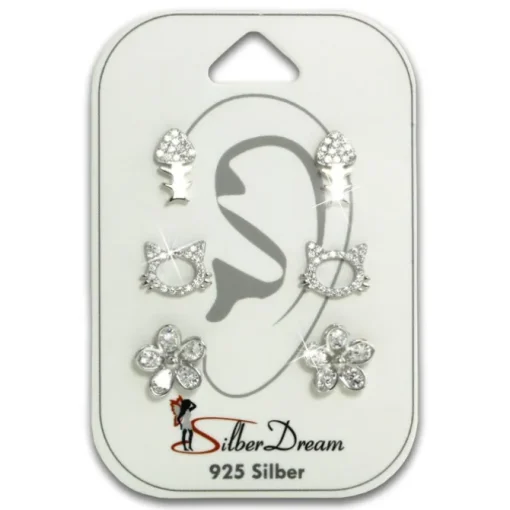 SilberDream Ohrstecker 3er Set Blume, Katze, Fischgräte 925er Ohrringe SDS605WJ