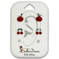 SilberDream Ohrstecker 3er Set Apfel, Kirschen, Zirkonia 925er Ohrringe SDS611RW