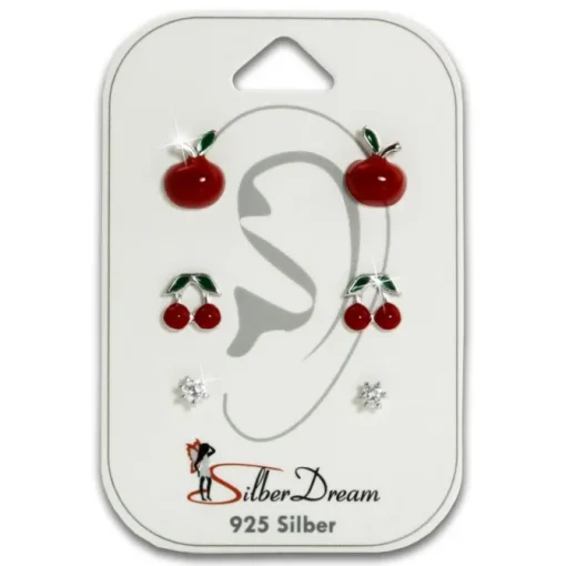 SilberDream Ohrstecker 3er Set Apfel, Kirschen, Zirkonia 925er Ohrringe SDS611RW