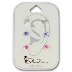 SilberDream Ohrstecker 3er Zirkonia weiß, lila, rosa 925 Silber Ohrring SDS808