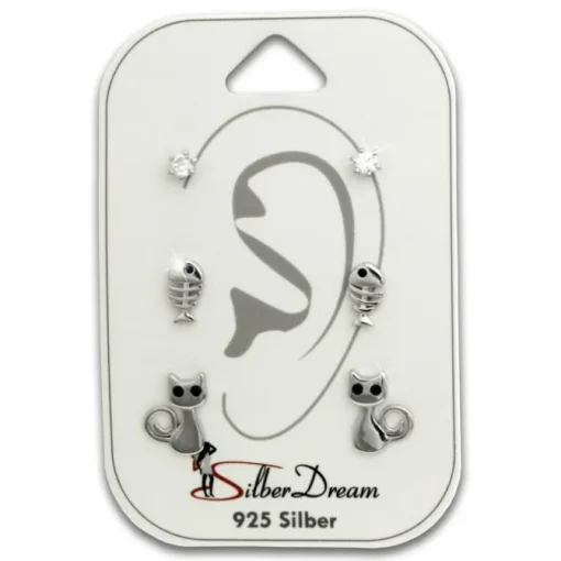 SilberDream Ohrstecker 3er Set Zirkonia, Fischgräte, Katze 925 Ohrring SDS625WS