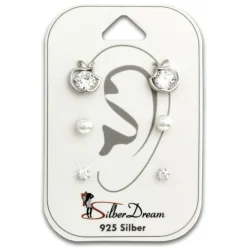 SilberDream Ohrstecker 3er Set Apfel, Perle, Zirkonia 925er Ohrringe SDS601WJ