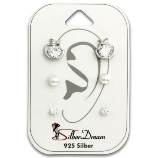 SilberDream Ohrstecker 3er Set Apfel, Perle, Zirkonia 925er Ohrringe SDS601WJ