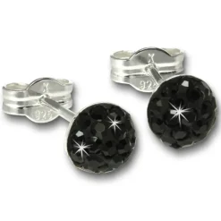 SilberDream Ohrstecker Halbkugel schwarz 925 Glitzer Kristalle GSO221S