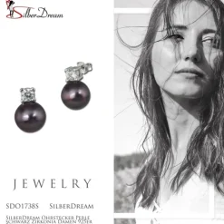 SilberDream Ohrstecker Perle schwarz Zirkonia Damen 925er Silber SDO1738S