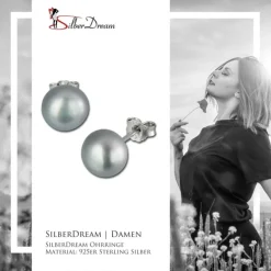 SilberDream Ohrstecker Süßwasser Perle grau 9mm 925 Silber SDO128K