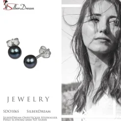 SilberDream Ohrstecker Süßwasser Perle schwarz 6mm 925 Silber SDO106S