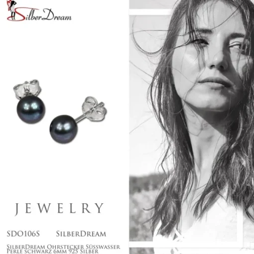 SilberDream Ohrstecker Süßwasser Perle schwarz 6mm 925 Silber SDO106S