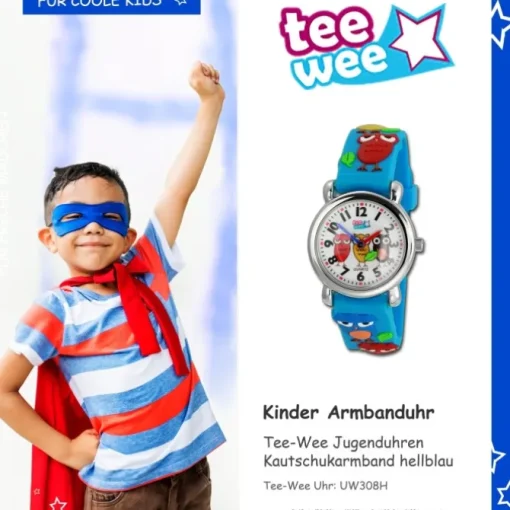 Tee-Wee Kinderuhr hellblau Eulen 3D Kautschukband Kinder Uhren UW308H