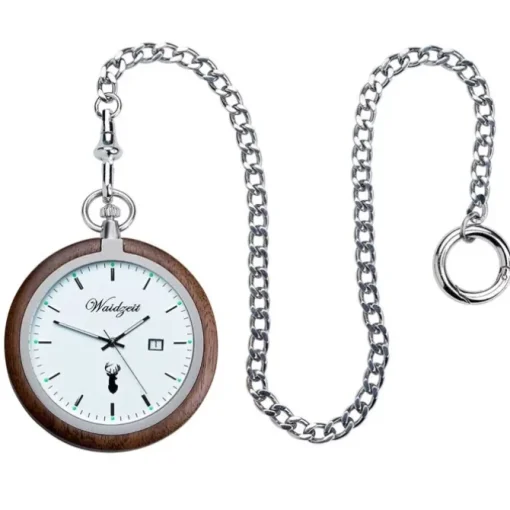 Waidzeit Herren Taschenuhr Edelstahl Walnuß dunkelbraun mit Uhrenkette UWATW01