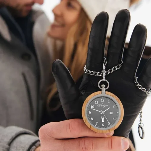 Waidzeit Herren Taschenuhr Edelstahl Holz braun mit Uhrenkette UWATG01