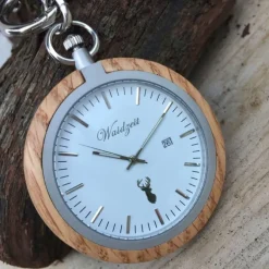 Waidzeit Herren Taschenuhr Edelstahl Holz hellbraun mit Uhrenkette UWATO01