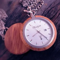 Waidzeit Herren Taschenuhr Edelstahl Holz braun mit Uhrenkette UWAYT01