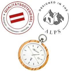 Waidzeit Herren Taschenuhr Edelstahl Holz hellbraun mit Uhrenkette UWATO01