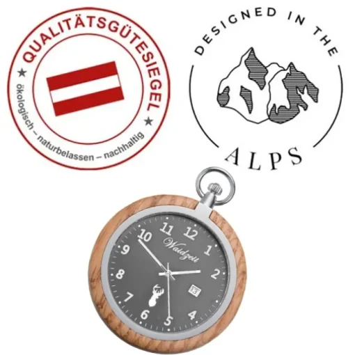 Waidzeit Herren Taschenuhr Edelstahl Holz braun mit Uhrenkette UWATG01