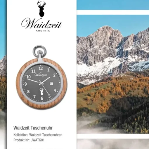 Waidzeit Herren Taschenuhr Edelstahl Holz braun mit Uhrenkette UWATG01