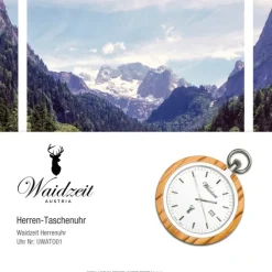 Waidzeit Herren Taschenuhr Edelstahl Holz hellbraun mit Uhrenkette UWATO01