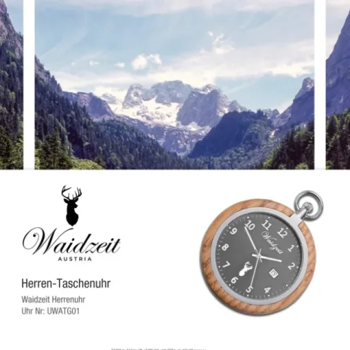 Waidzeit Herren Taschenuhr Edelstahl Holz braun mit Uhrenkette UWATG01