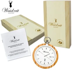 Waidzeit Herren Taschenuhr Edelstahl Holz hellbraun mit Uhrenkette UWATO01
