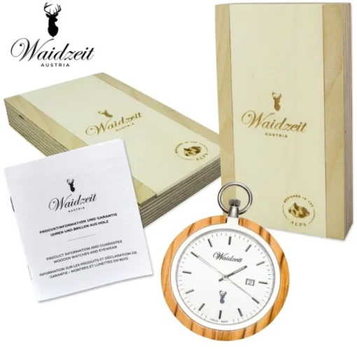 Waidzeit Herren Taschenuhr Edelstahl Holz hellbraun mit Uhrenkette UWATO01