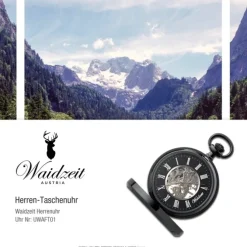 Waidzeit Herren Taschenuhr Edelstahl schwarz mit Uhrenkette UWAFT01