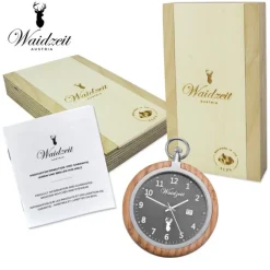 Waidzeit Herren Taschenuhr Edelstahl Holz braun mit Uhrenkette UWATG01