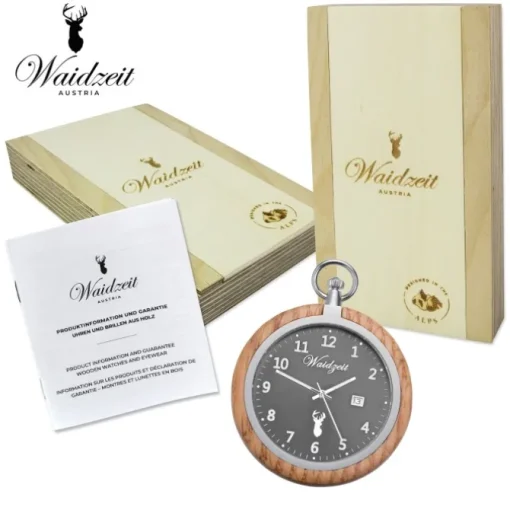 Waidzeit Herren Taschenuhr Edelstahl Holz braun mit Uhrenkette UWATG01