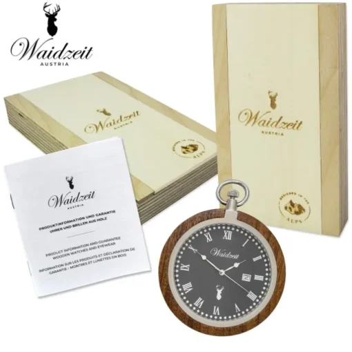 Waidzeit Herren Taschenuhr Edelstahl Walnuß dunkelbraun mit Uhrenkette UWATR01