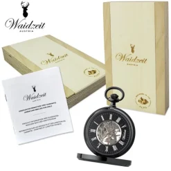Waidzeit Herren Taschenuhr Edelstahl schwarz mit Uhrenkette UWAFT01